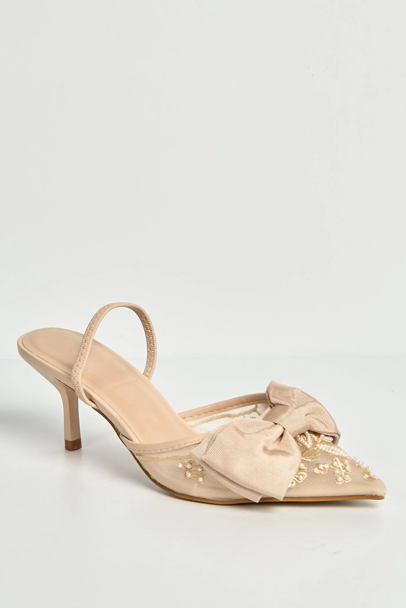 Seren Embellished Mesh And Bow Slingback Court Shoes In Beige by Miss Diva sold by Goddiva product image thumbnail 5