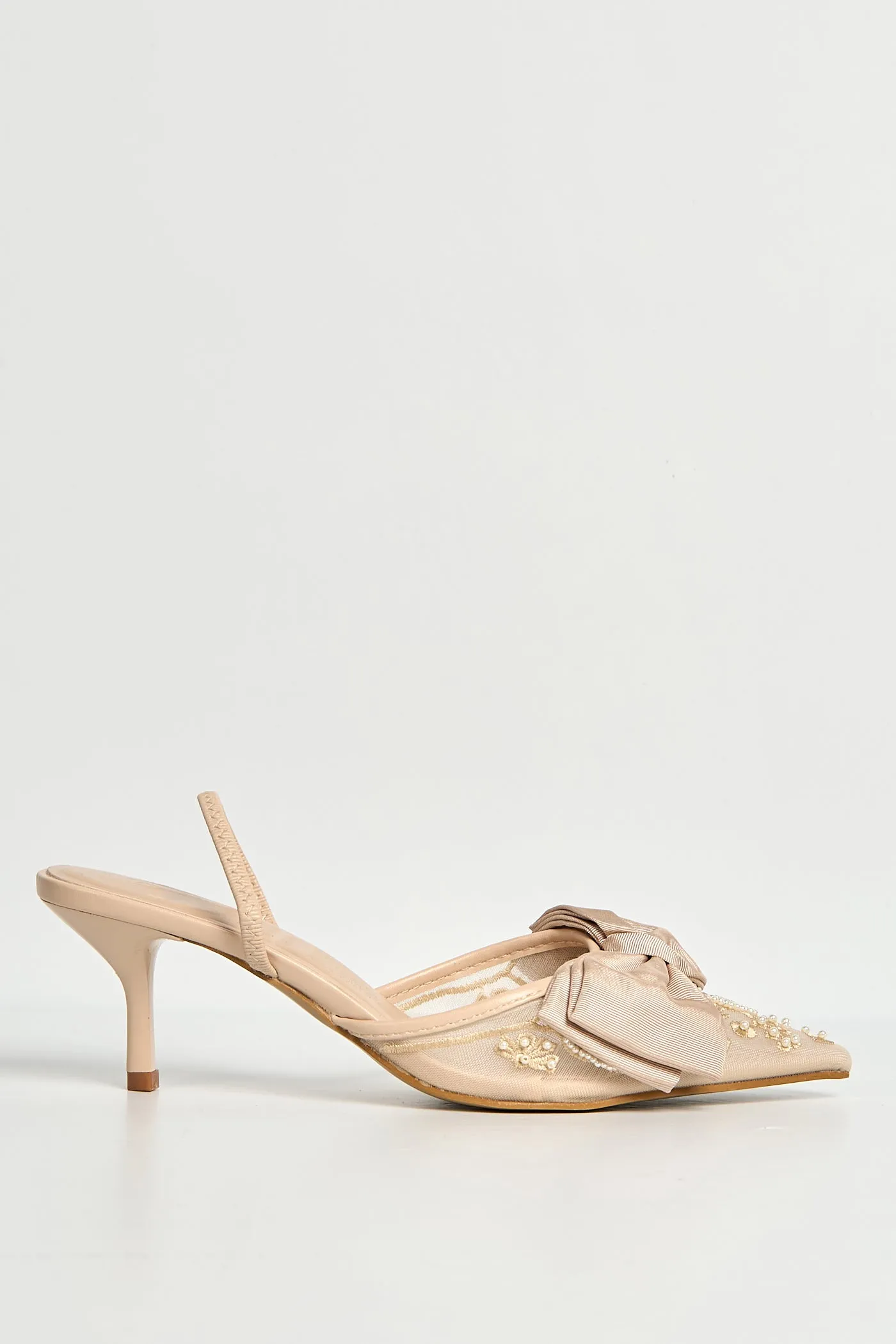 Seren Embellished Mesh And Bow Slingback Court Shoes In Beige by Miss Diva sold by Goddiva product image thumbnail 4
