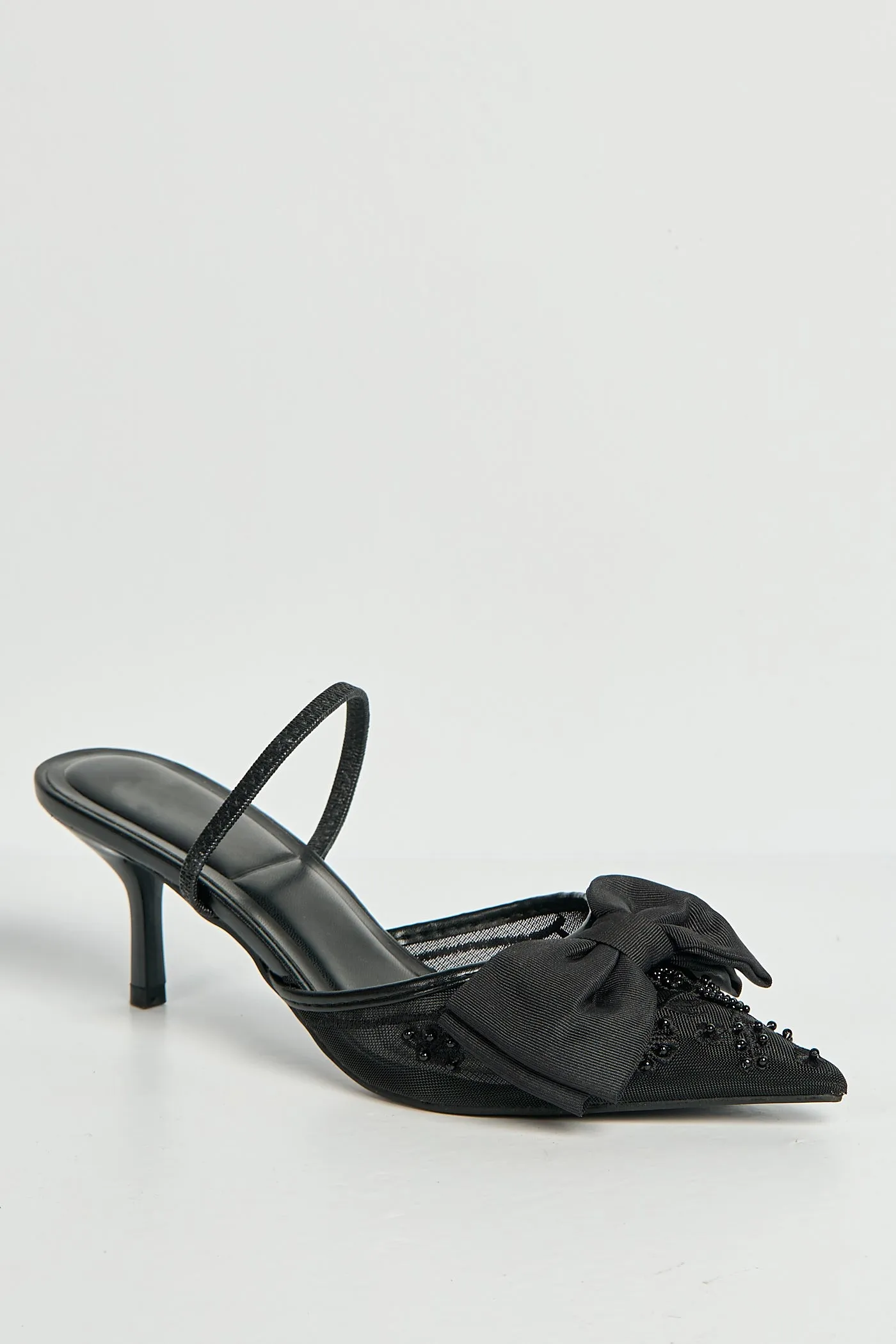 Seren Embellished Mesh And Bow Slingback Court Shoes In Black by Miss Diva sold by Goddiva product image thumbnail 5