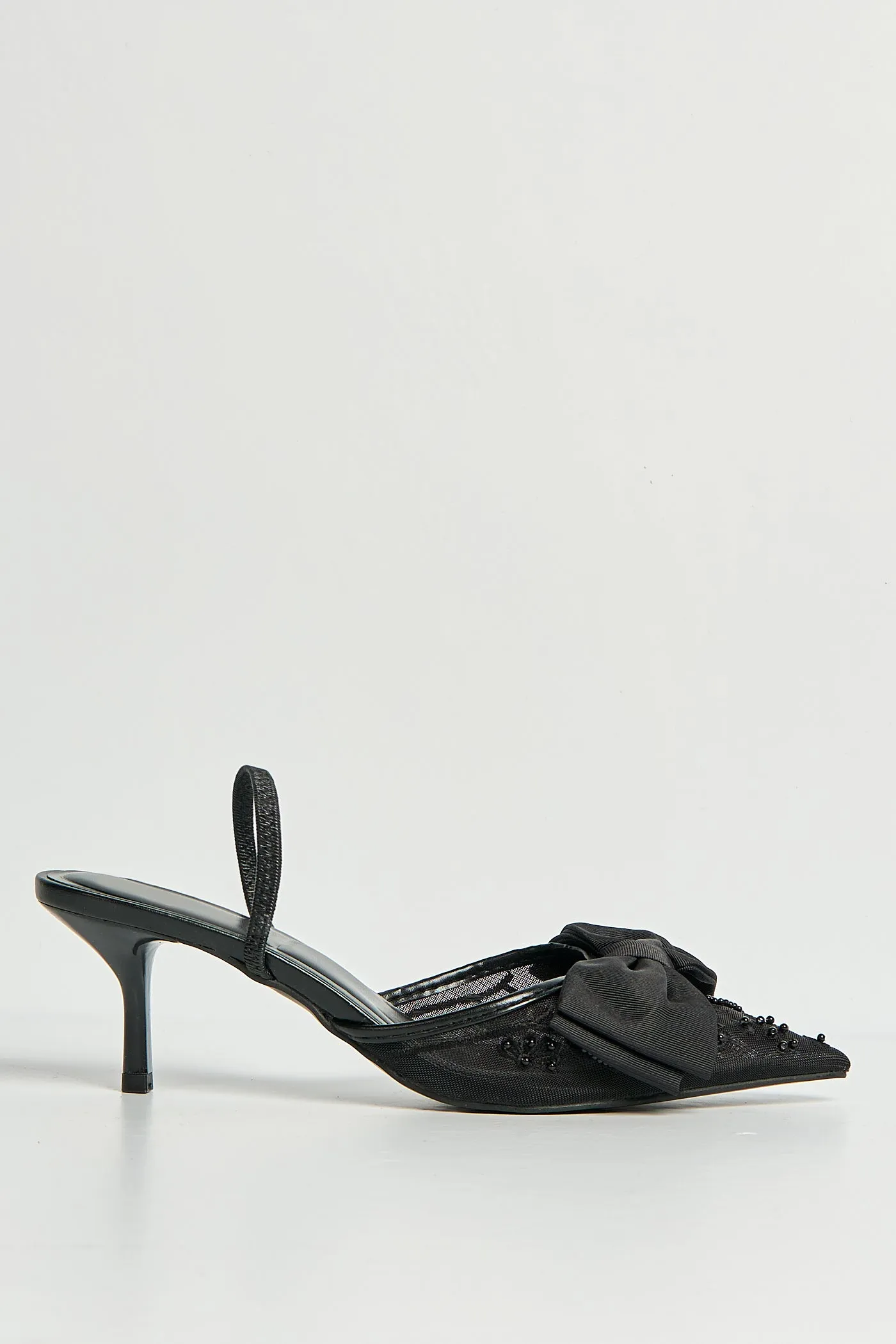 Seren Embellished Mesh And Bow Slingback Court Shoes In Black by Miss Diva sold by Goddiva product image thumbnail 4