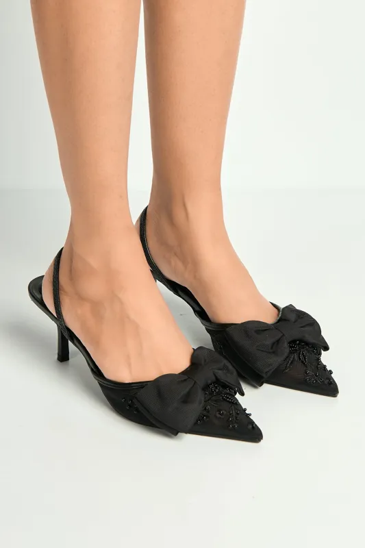 Seren Embellished Mesh And Bow Slingback Court Shoes In Black by Miss Diva sold by Goddiva