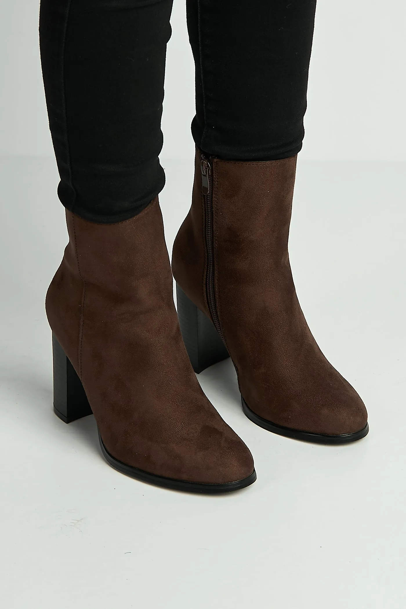 Alathea Round Toe Block Heel Ankle Boots In Chocolate by Miss Diva sold by Goddiva