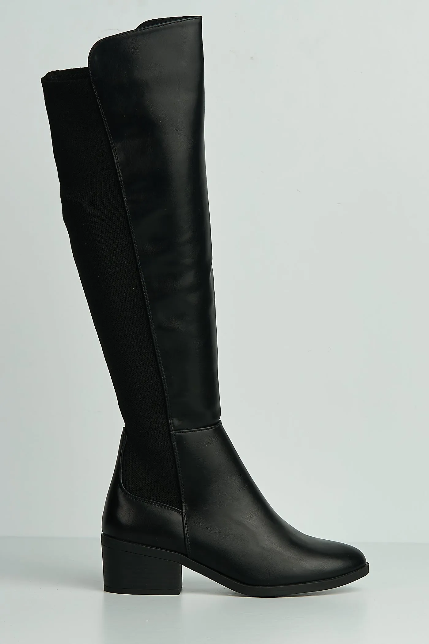 Lira Elastic Back Gusset Low Heel Calf Boots In Black Matt by Miss Diva sold by Goddiva product image thumbnail 4