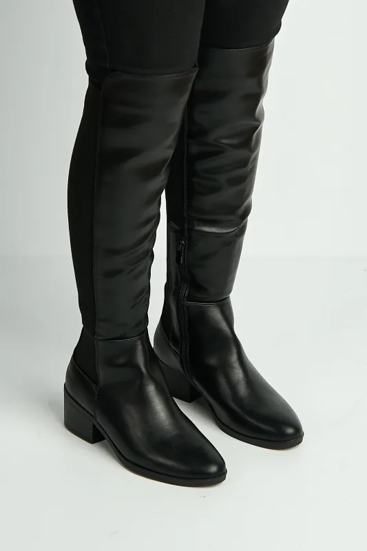 Lira Elastic Back Gusset Low Heel Calf Boots In Black Matt by Miss Diva sold by Goddiva