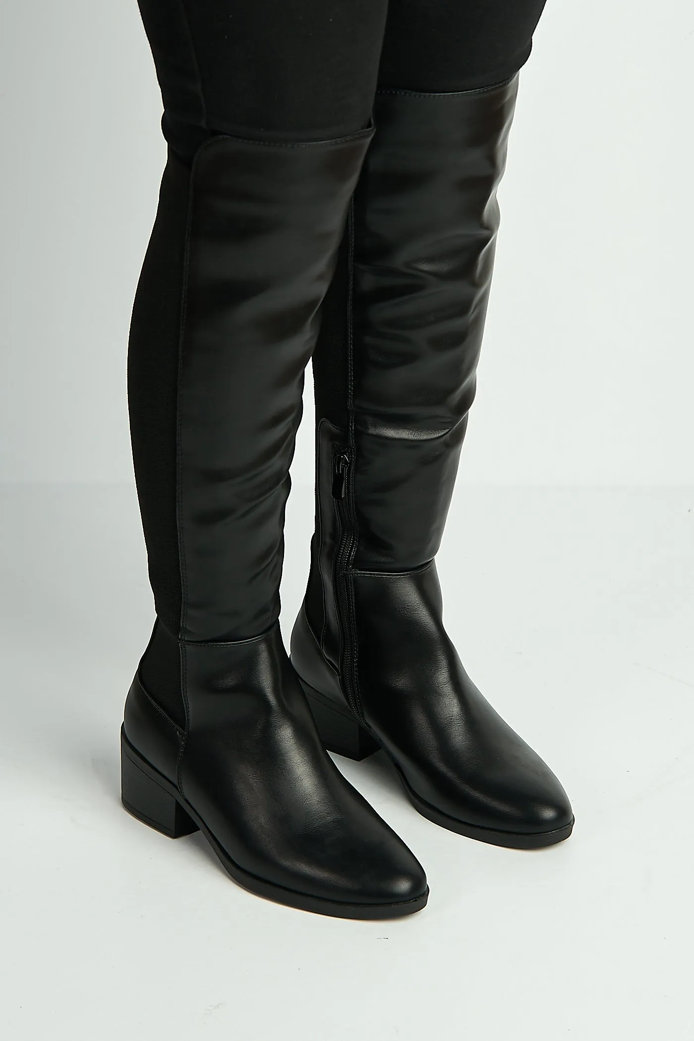 Lira Elastic Back Gusset Low Heel Calf Boots In Black Matt by Miss Diva sold by Goddiva