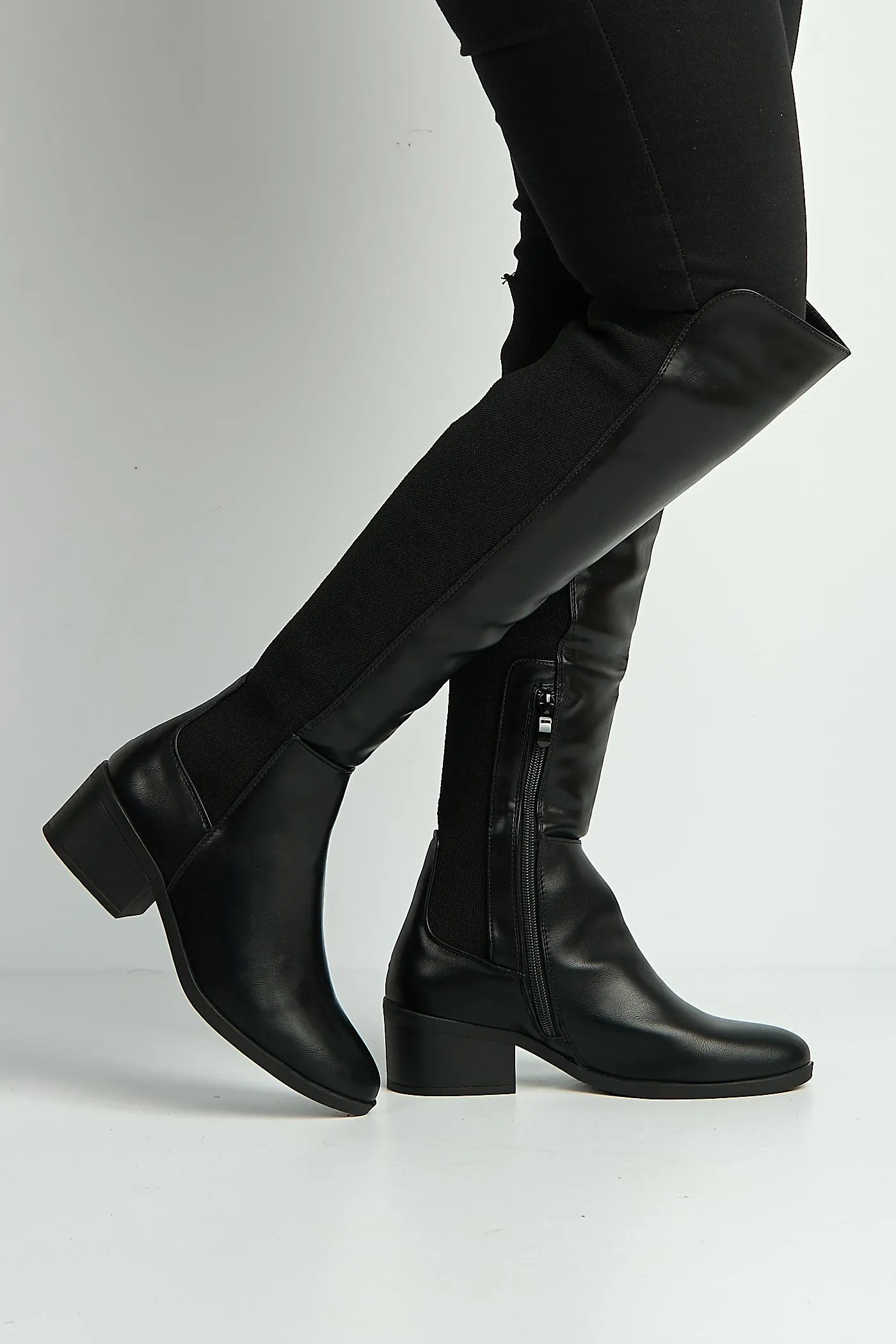 Lira Elastic Back Gusset Low Heel Calf Boots In Black Matt by Miss Diva sold by Goddiva product image thumbnail 2