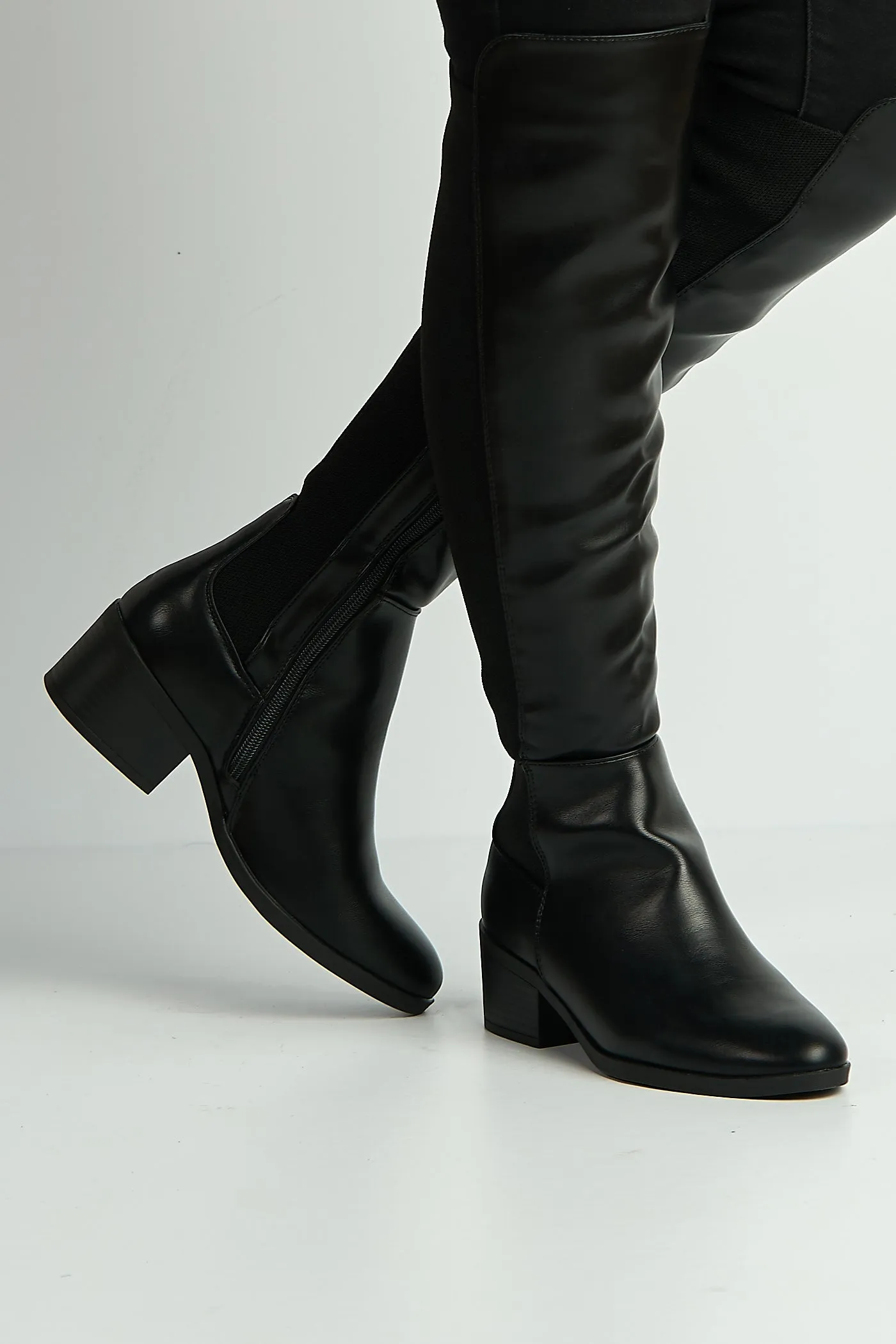 Lira Elastic Back Gusset Low Heel Calf Boots In Black Matt by Miss Diva sold by Goddiva product image thumbnail 3