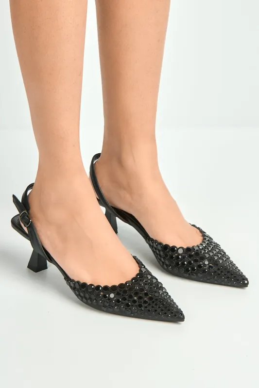 Giovanna Mirror Encrusted Slingback Court Shoes In Black by Miss Diva sold by Goddiva