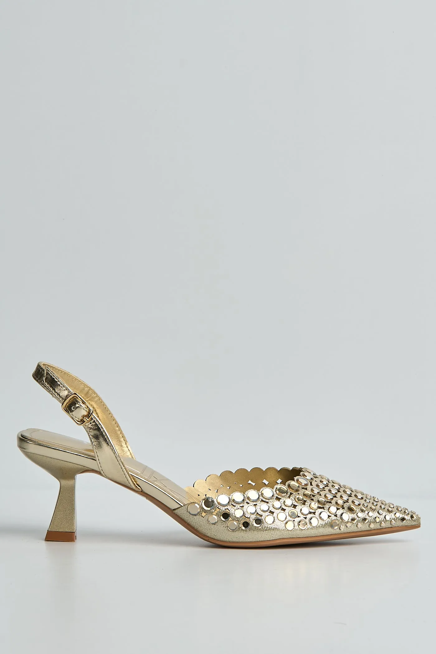 Giovanna Mirror Encrusted Slingback Court Shoes In Gold by Miss Diva sold by Goddiva product image thumbnail 4
