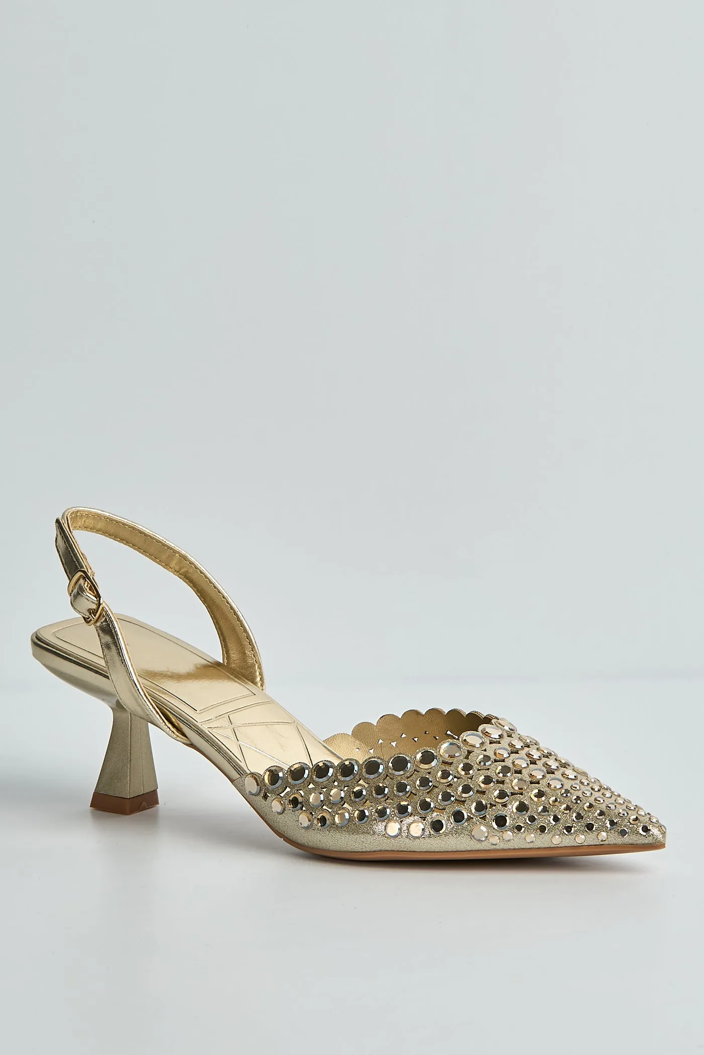 Giovanna Mirror Encrusted Slingback Court Shoes In Gold by Miss Diva sold by Goddiva product image thumbnail 5