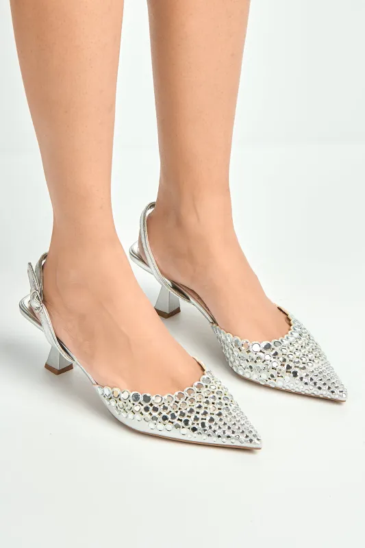 Giovanna Mirror Encrusted Slingback Court Shoes In Silver by Miss Diva sold by Goddiva