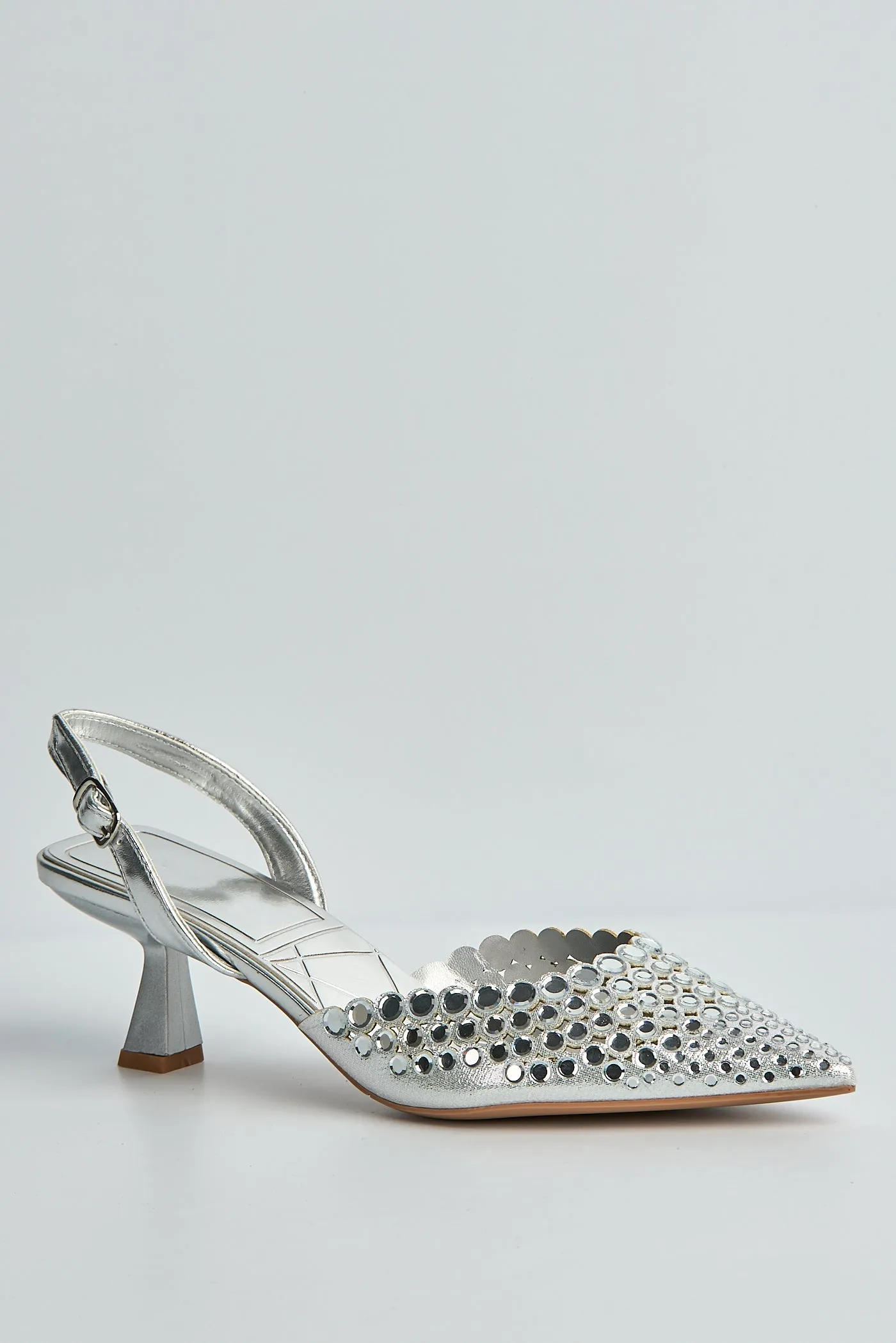 Giovanna Mirror Encrusted Slingback Court Shoes In Silver by Miss Diva sold by Goddiva product image thumbnail 5
