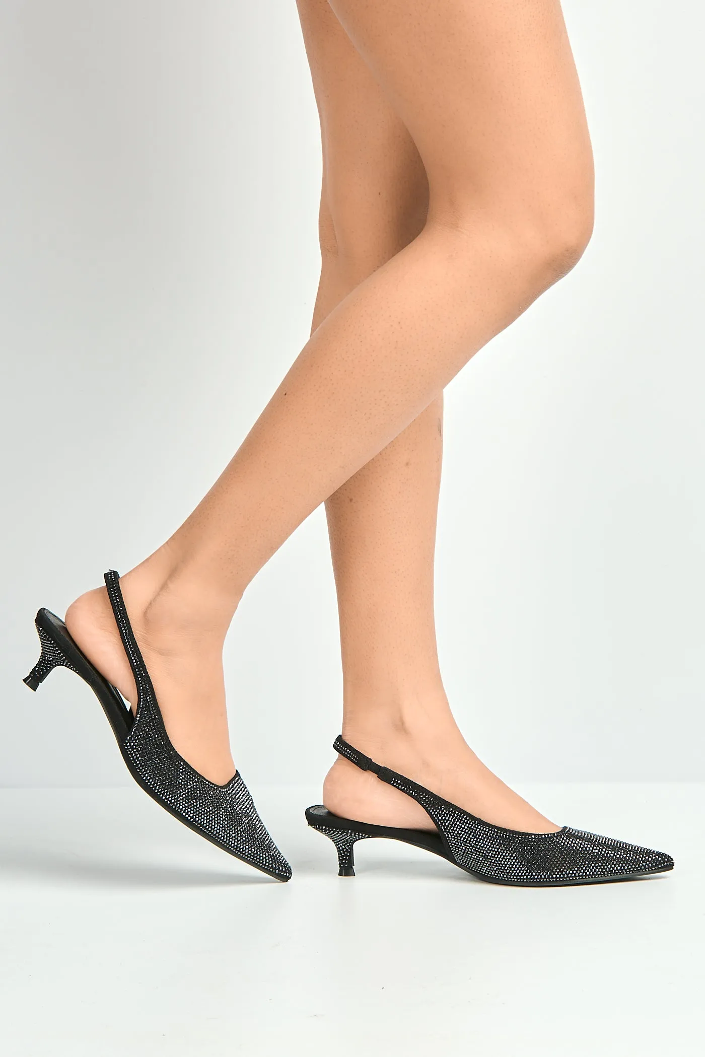 Celeste Diamante Embellished Slingback Low Heel Court Shoes In Black by Miss Diva sold by Goddiva product image thumbnail 2