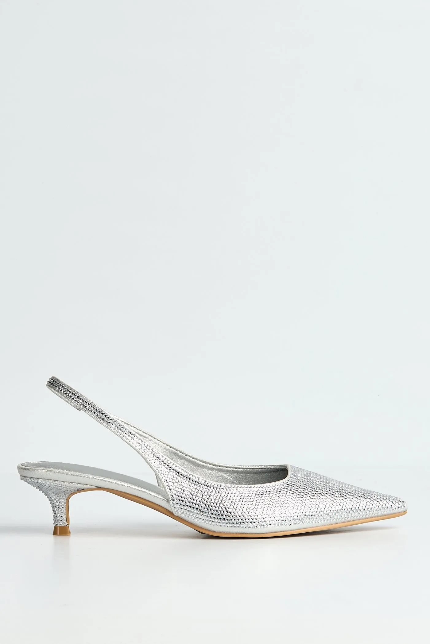 Celeste Diamante Embellished Slingback Low Heel Court Shoes In Silver by Miss Diva sold by Goddiva product image thumbnail 4