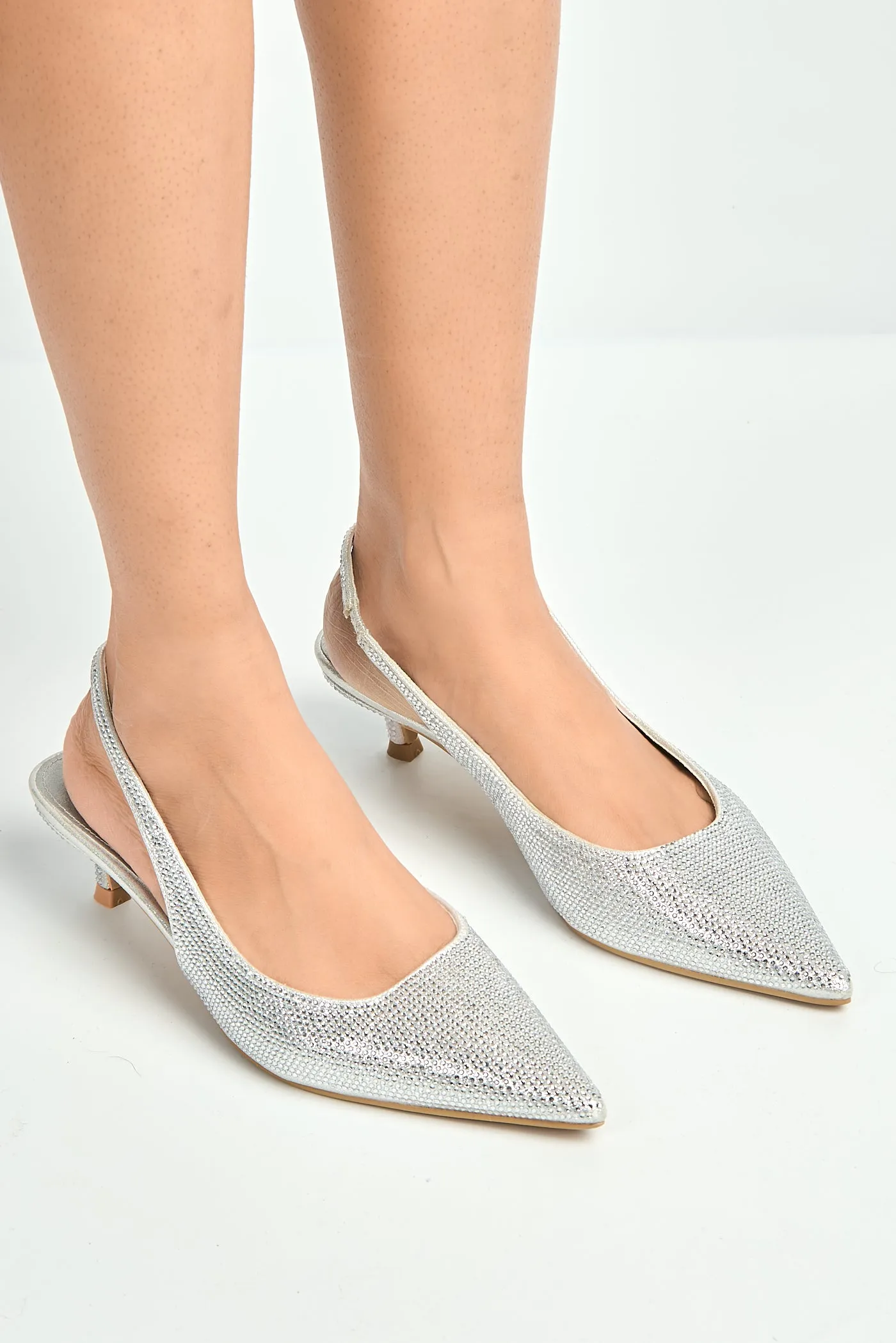 Celeste Diamante Embellished Slingback Low Heel Court Shoes In Silver by Miss Diva sold by Goddiva