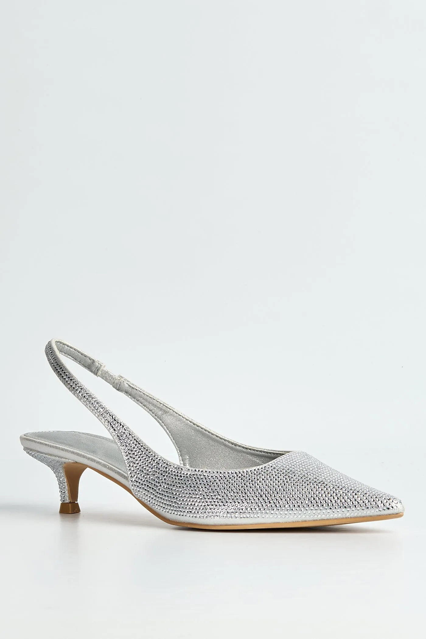 Celeste Diamante Embellished Slingback Low Heel Court Shoes In Silver by Miss Diva sold by Goddiva product image thumbnail 5