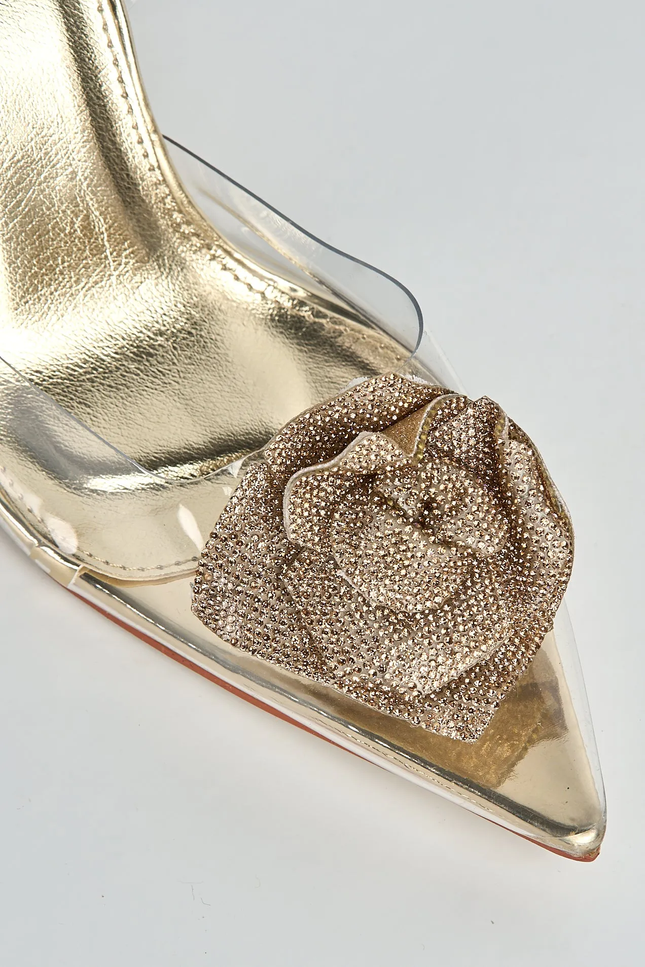 Rosela Diamante Rose Detail Pointed Toe Perspex Heels In Gold by Miss Diva sold by Goddiva product image thumbnail 4