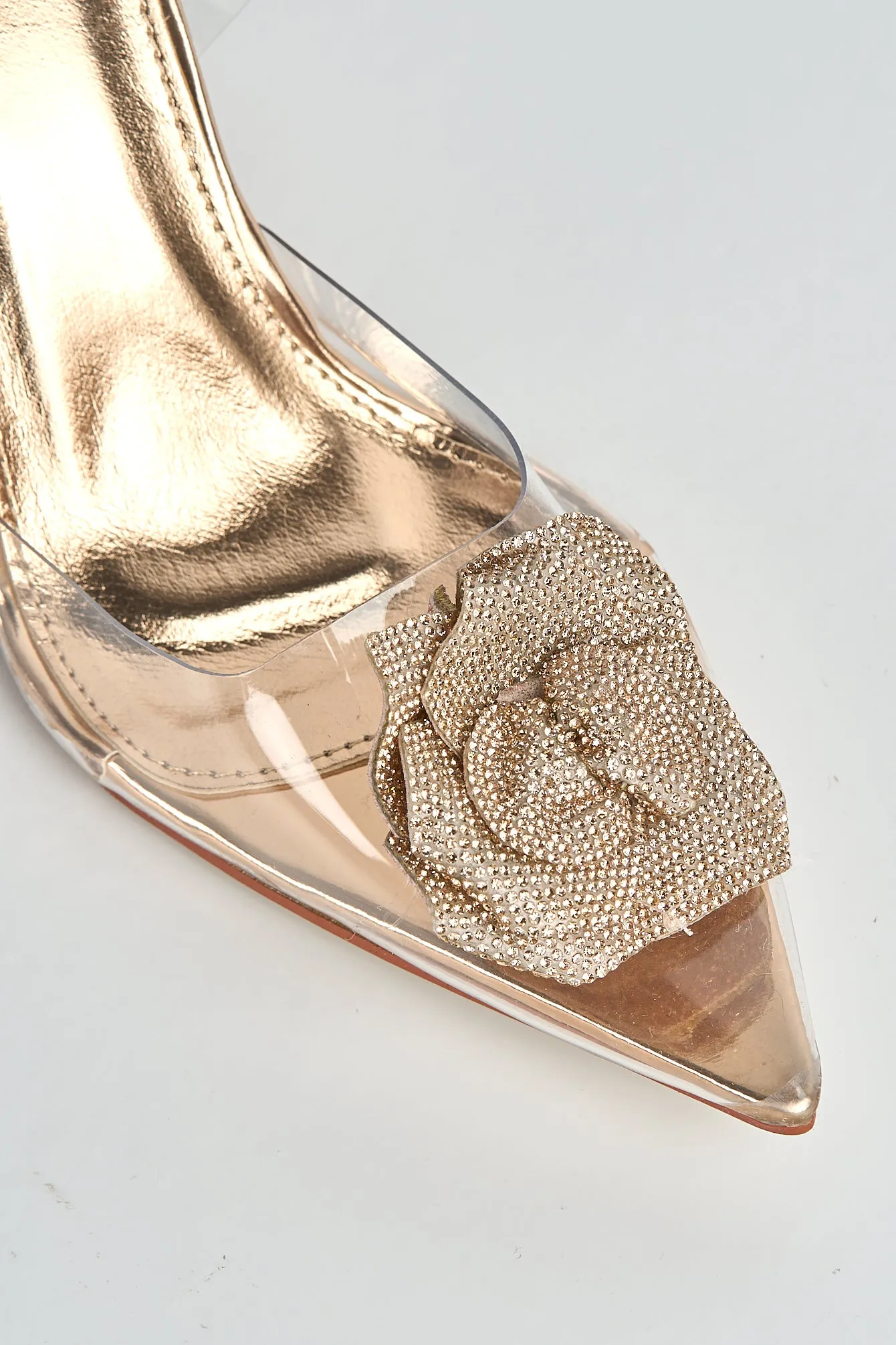 Rosela Diamante Rose Detail Pointed Toe Perspex Heels In Rose Gold by Miss Diva sold by Goddiva product image thumbnail 4