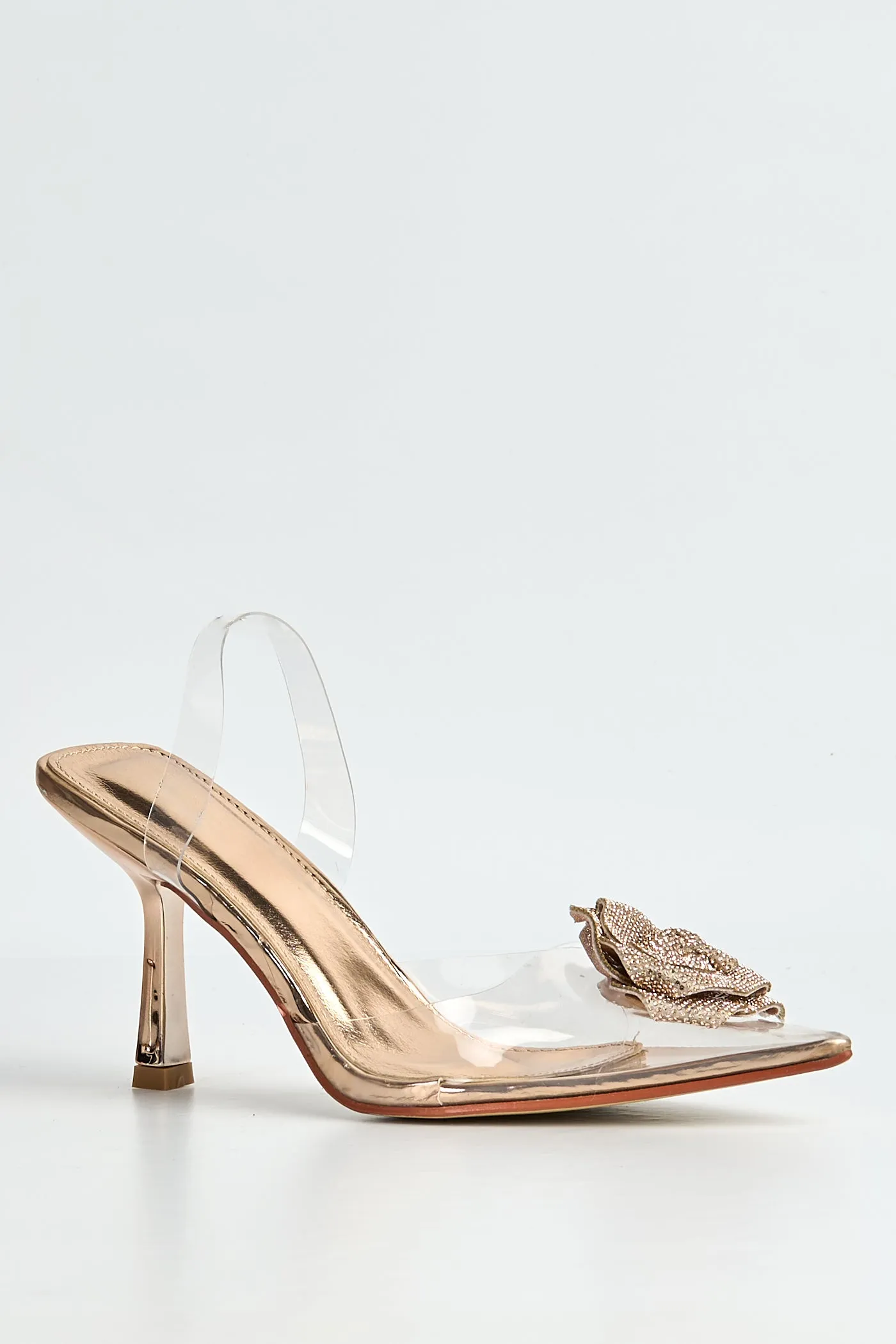 Rosela Diamante Rose Detail Pointed Toe Perspex Heels In Rose Gold by Miss Diva sold by Goddiva product image thumbnail 5