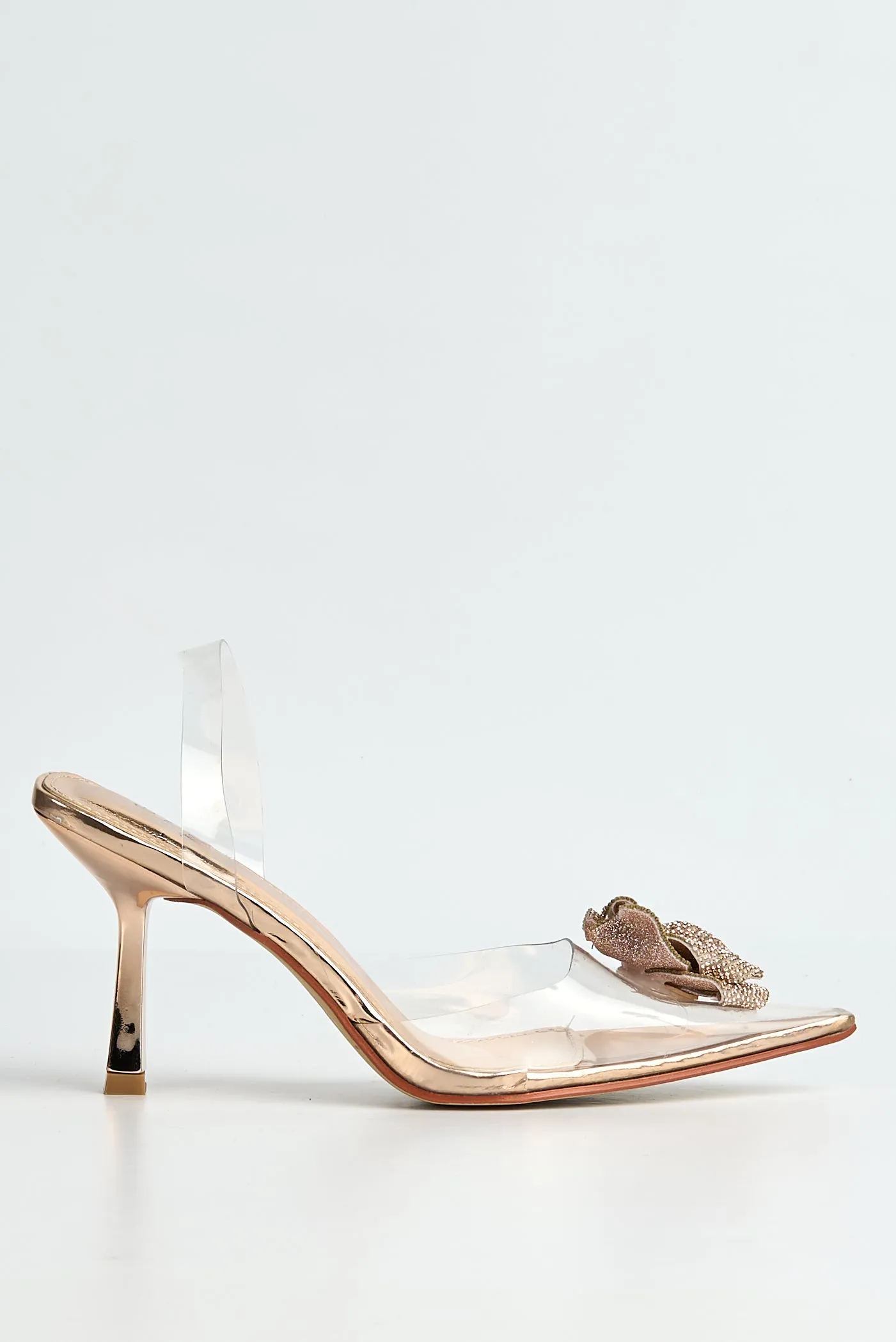 Rosela Diamante Rose Detail Pointed Toe Perspex Heels In Rose Gold by Miss Diva sold by Goddiva product image thumbnail 3