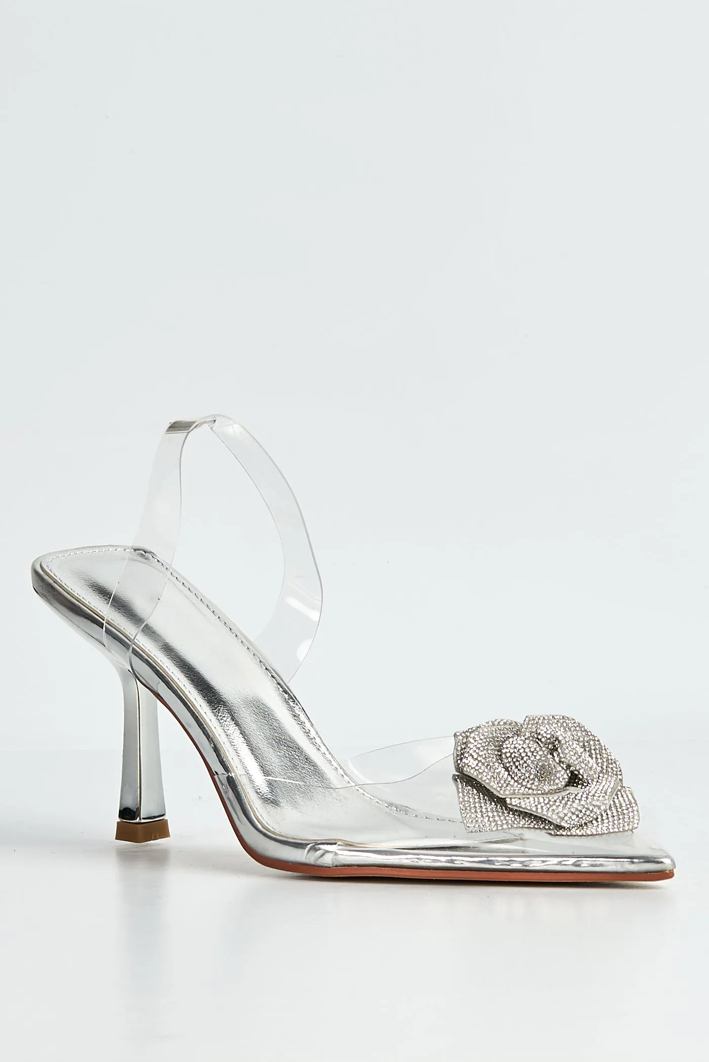 Rosela Diamante Rose Detail Pointed Toe Perspex Heels In Silver by Miss Diva sold by Goddiva product image thumbnail 5
