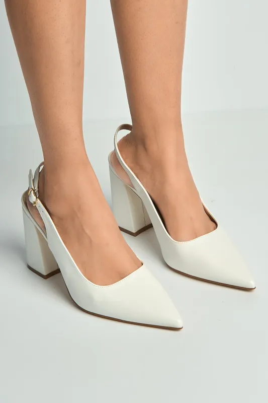 Kayra Pointed Toe Slingback Block Heel Court Shoes In White PU by Miss Diva sold by Goddiva