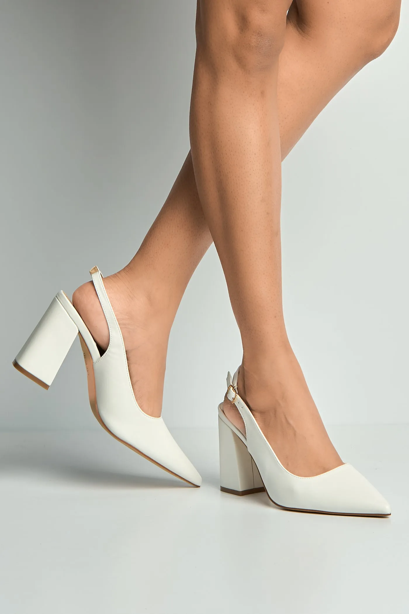 Kayra Pointed Toe Slingback Block Heel Court Shoes In White PU by Miss Diva sold by Goddiva product image thumbnail 3