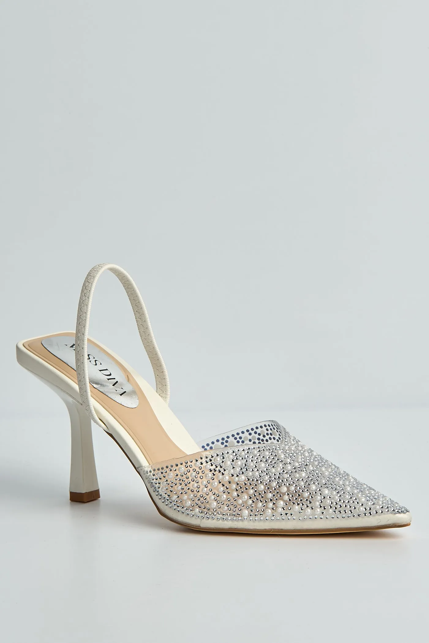 Kiana Diamante Embellished Sling Back Pointed Toe Court Shoes In White by Miss Diva sold by Goddiva product image thumbnail 5