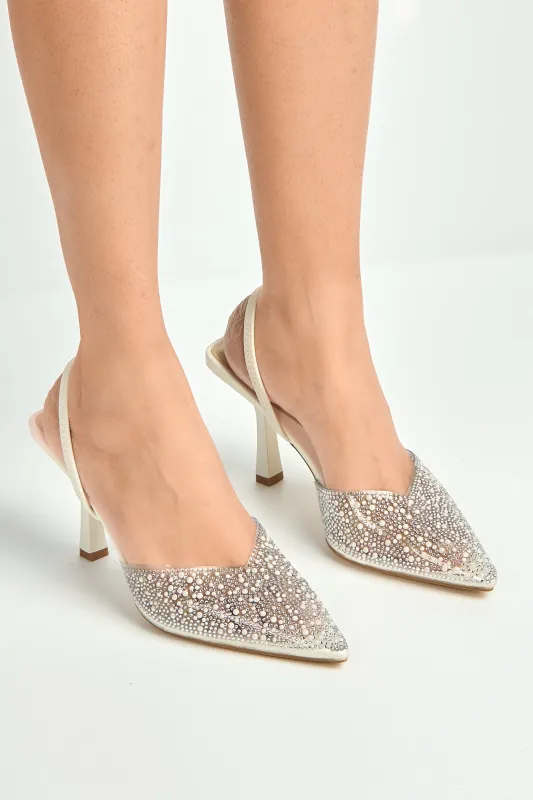 Kiana Diamante Embellished Sling Back Pointed Toe Court Shoes In White by Miss Diva sold by Goddiva