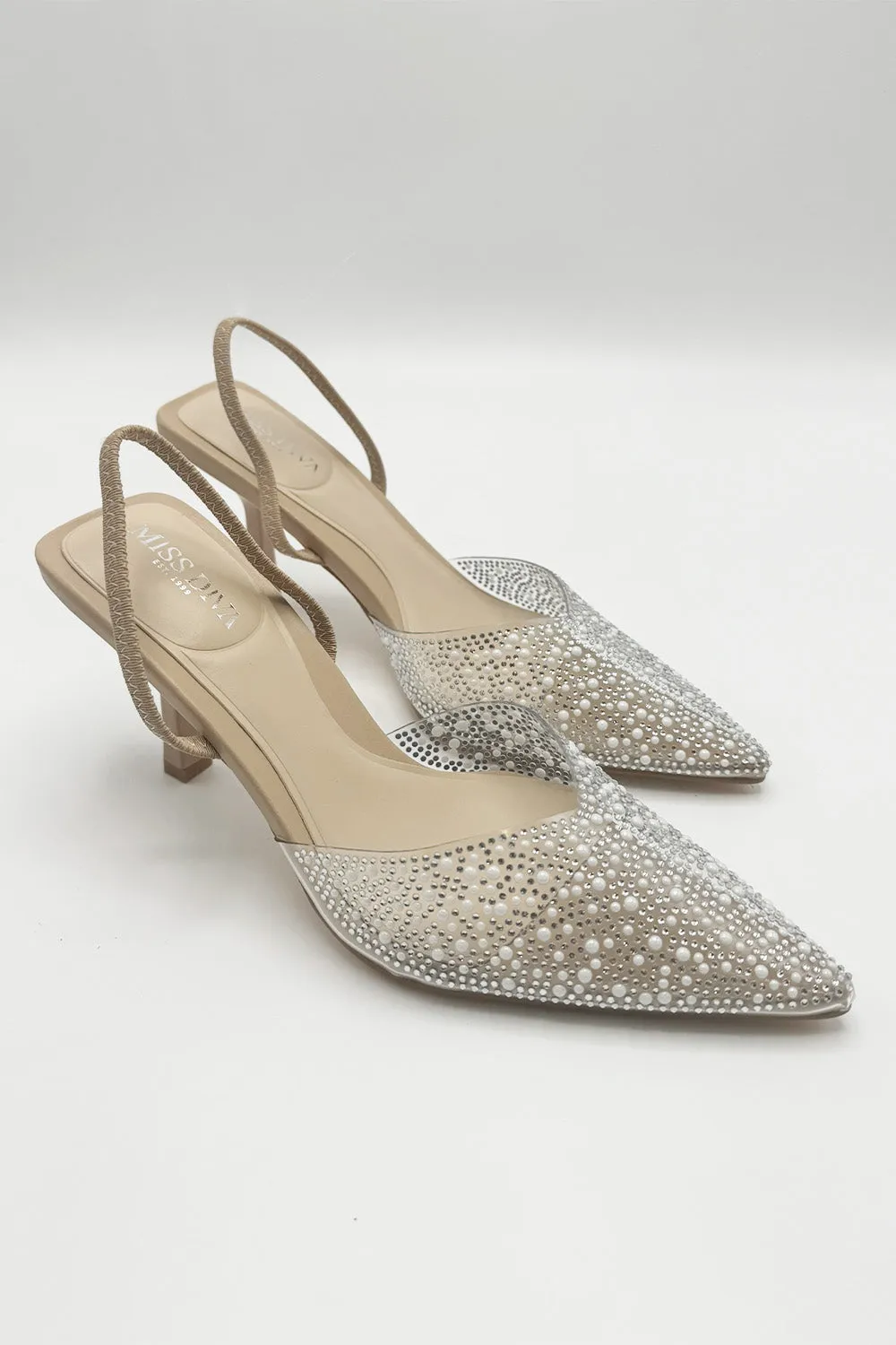 Kiana Diamante Embellished Sling Back Pointed Toe Court Shoes In Nude by Miss Diva sold by Goddiva