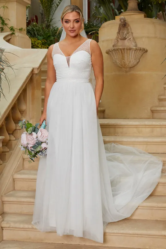 Sequin Bodice Tulle Maxi Wedding Dress In White by Chi Chi London sold by Goddiva