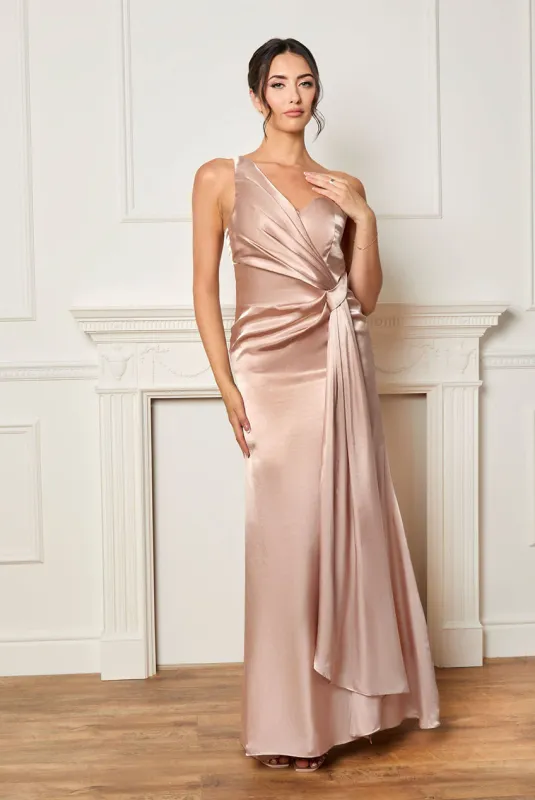 Petite One Shoulder Satin Finish Maxi Dress In Champagne by Chi Chi sold by Goddiva