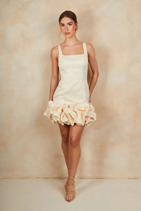 Ruffle Hem Satin Mini Dress In Cream by Chi Chi London sold by Goddiva