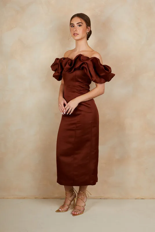 Ruffle Bardot Satin Midi Dress In Chocolate by Chi Chi London sold by Goddiva
