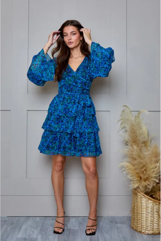 Floral Printed Wrap Dress In Blue by Chi Chi London sold by Goddiva