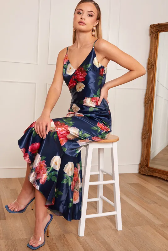 Petite Sleeveless Floral Print Ruffle Hem Midi Dress In Navy by Chi Chi London sold by Goddiva