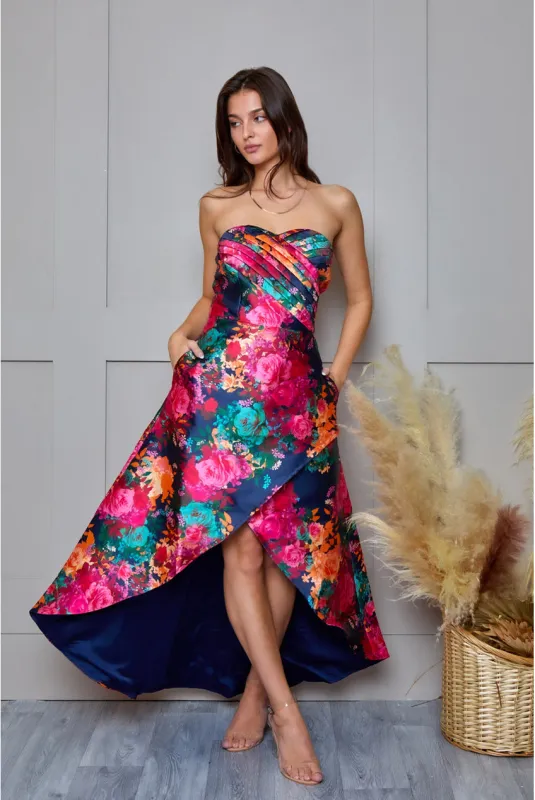Petite Bandeau Sweetheart Floral Wrap Detail Dip Hem Dress In Navy by Chi Chi London sold by Goddiva