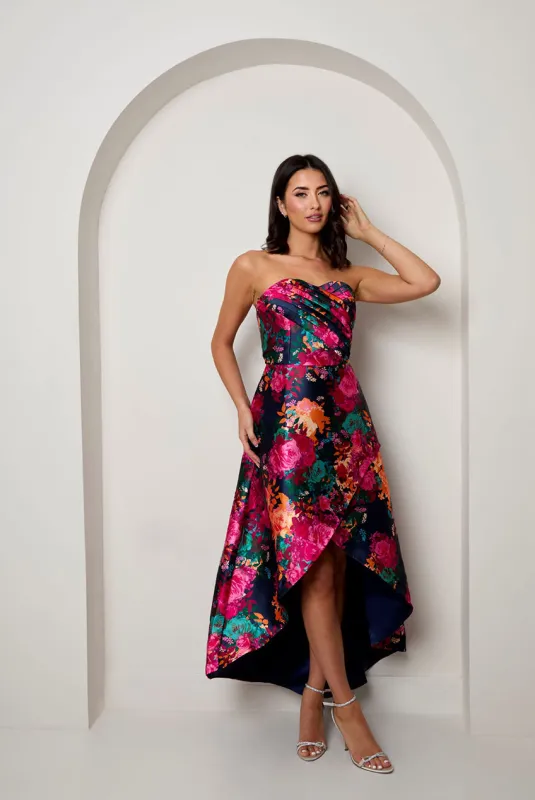 Bandeau Sweetheart Floral Wrap Detail Dip Hem Dress In Navy by Chi Chi sold by Goddiva