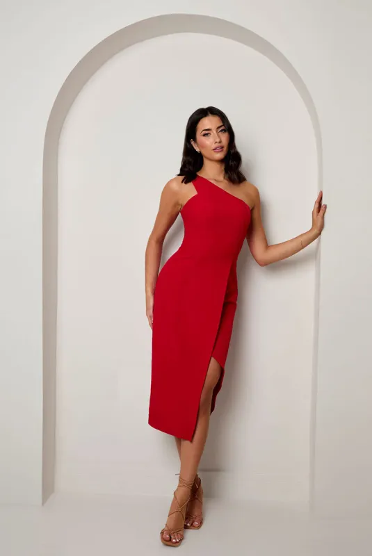 One Shoulder Split Detail Midi Dress In Red by Chi Chi London sold by Goddiva