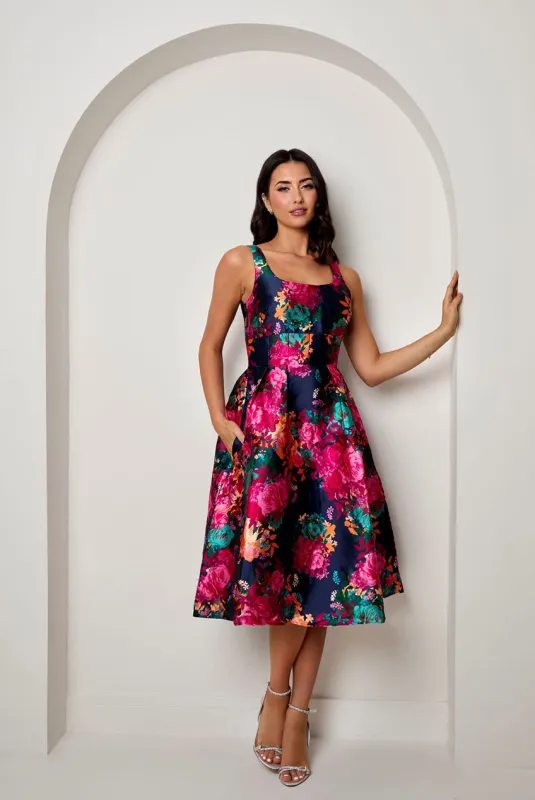 Sleeveless Floral Fit And Flare Midi Dress In Navy by Chi Chi sold by Goddiva