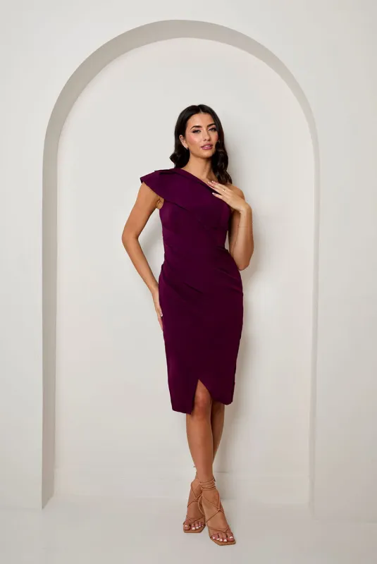 One Shoulder Wrap Detail Midi Dress In Purple by Chi Chi London sold by Goddiva