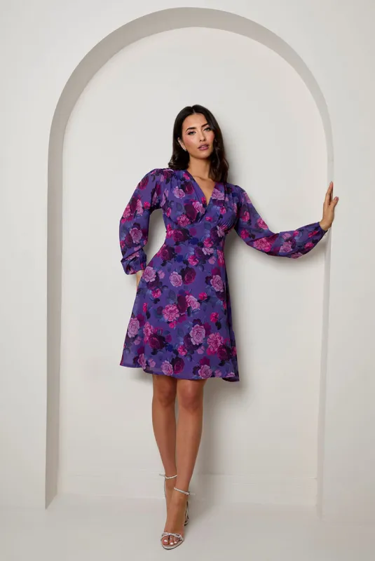 V Neck Floral Printed Chiffon Dress In Purple by Chi Chi sold by Goddiva