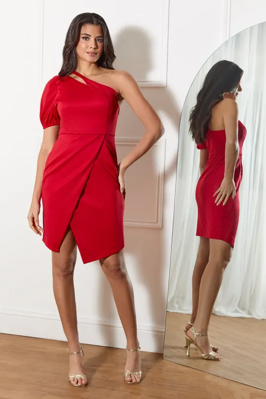 One Shoulder Puff Sleeve Bodycon Mini Dress In Red by Chi Chi sold by Goddiva