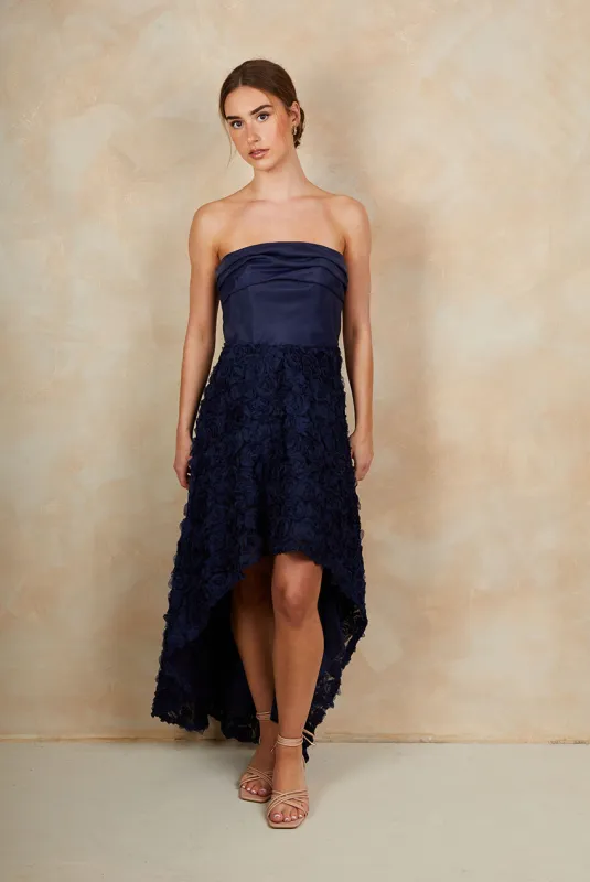 3D Floral Dip Hem Dress In Navy by Chi Chi sold by Goddiva