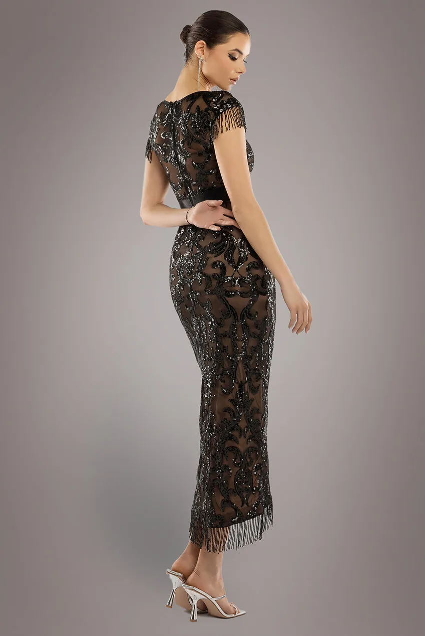 Embroidered Sequin Tassel Front Split Midaxi Dress - Black by Goddiva sold by Goddiva product image thumbnail 2