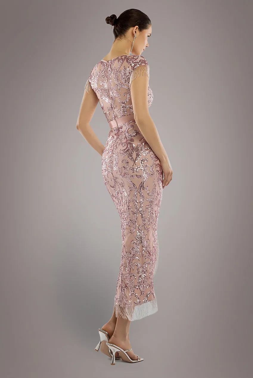 Embroidered Sequin Tassel Front Split Midaxi Dress - Blush Pink by Goddiva sold by Goddiva product image thumbnail 2