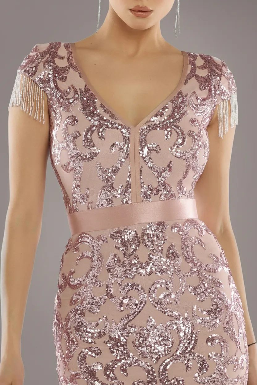 Embroidered Sequin Tassel Front Split Midaxi Dress - Blush Pink by Goddiva sold by Goddiva product image thumbnail 3