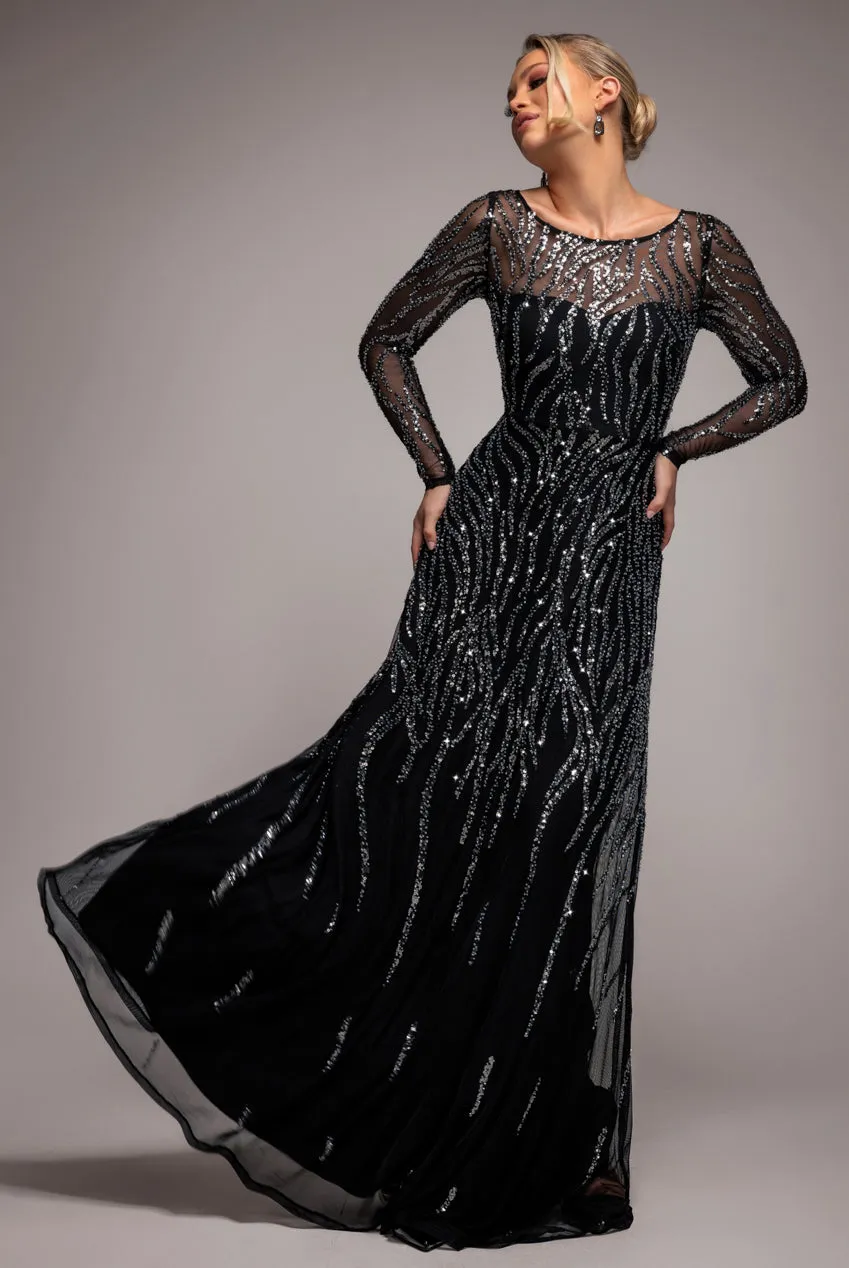 Ombre Sequin Beaded Flared Long Sleeve Maxi Dress - Black by Goddiva sold by Goddiva product image thumbnail 3