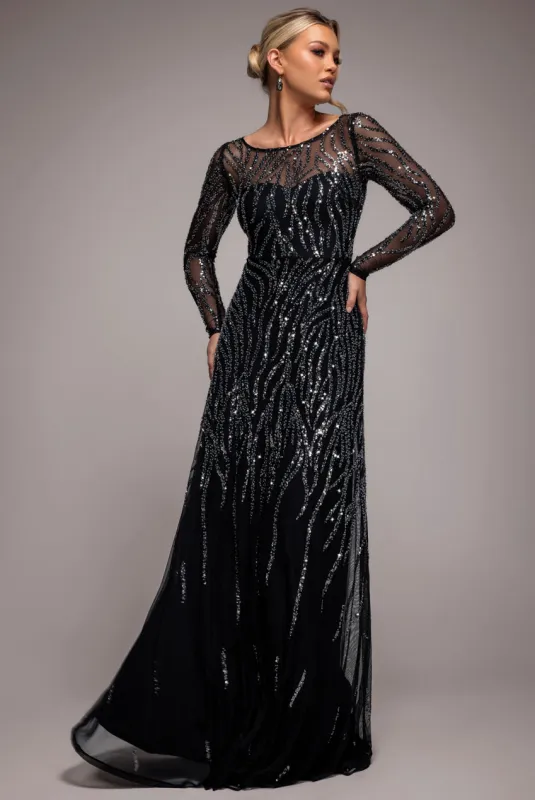 Ombre Sequin Beaded Flared Long Sleeve Maxi Dress - Black by Goddiva sold by Goddiva