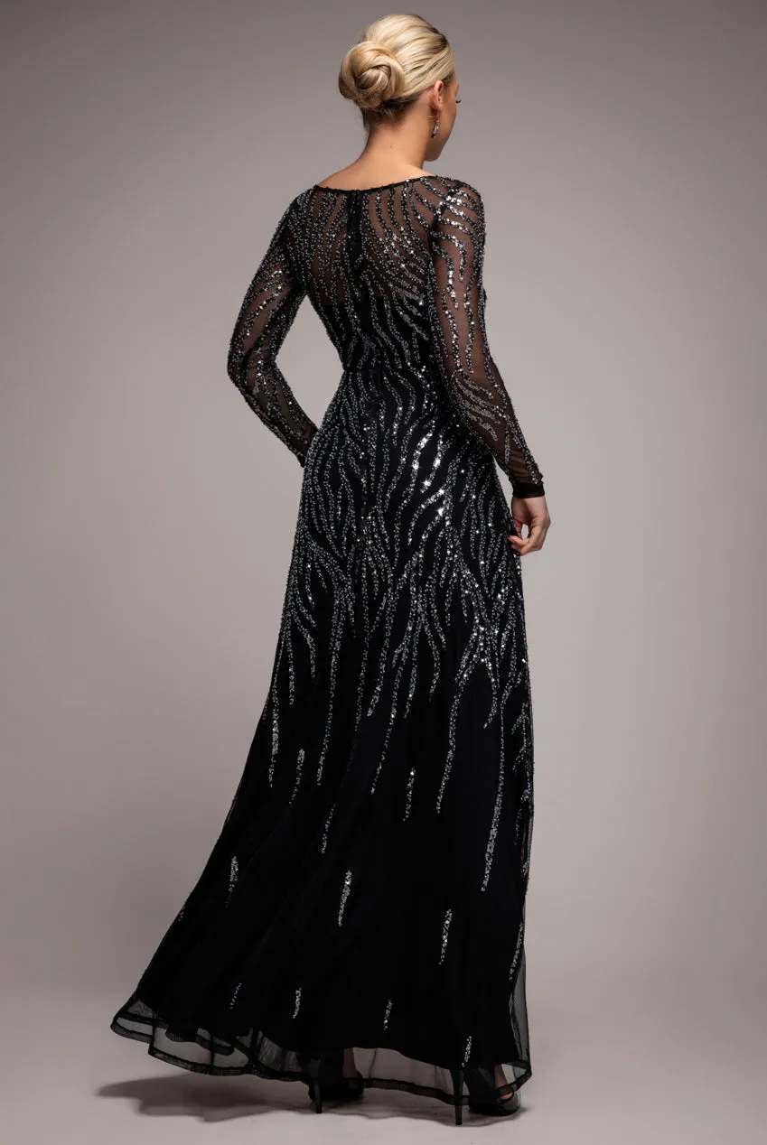 Ombre Sequin Beaded Flared Long Sleeve Maxi Dress - Black by Goddiva sold by Goddiva product image thumbnail 2